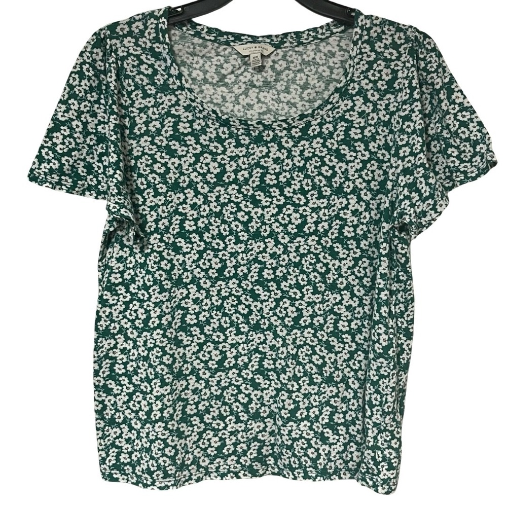 Lucky Brand Womens Green White Floral Cotton Modal‎ Scoop Neck T-Shirt Size M